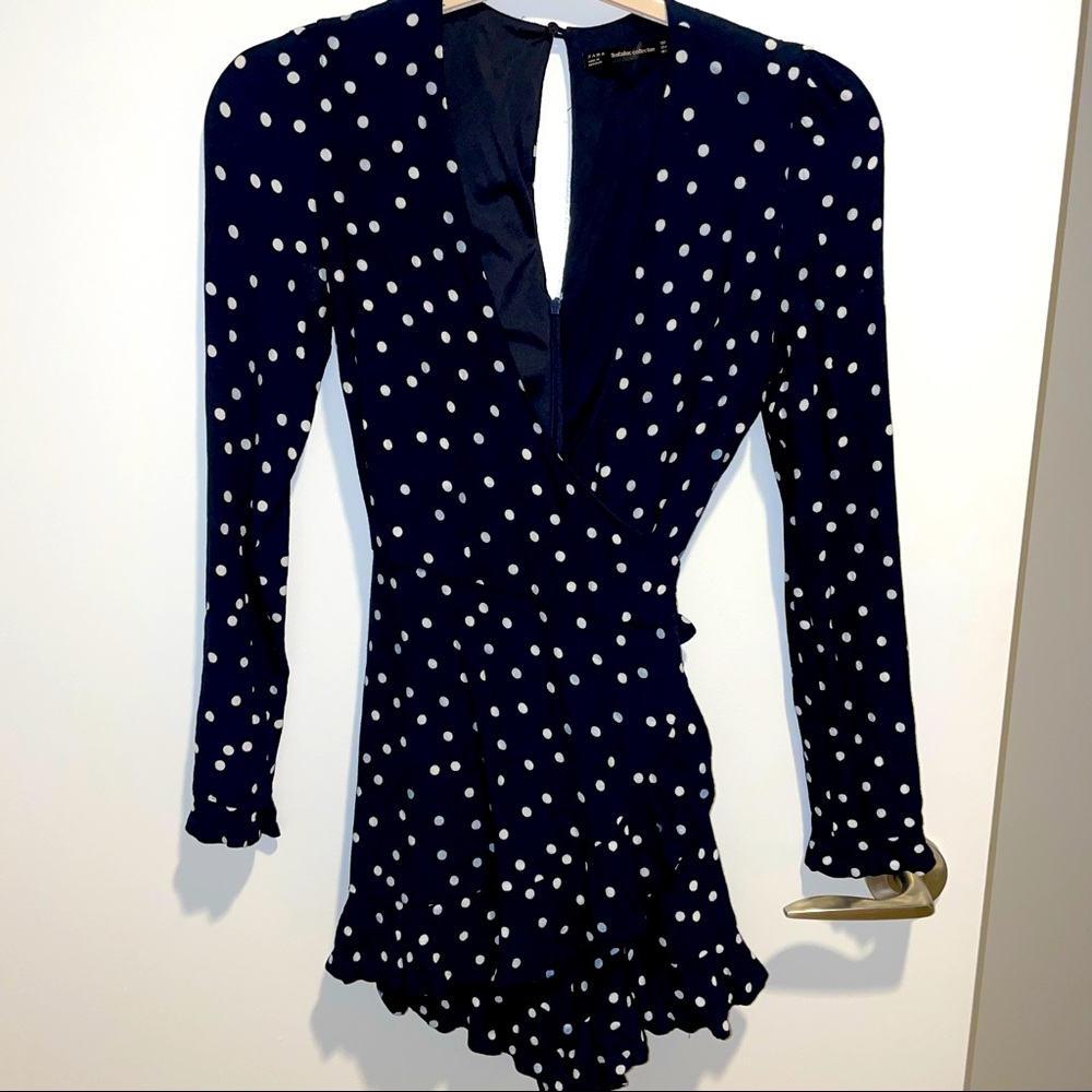 Zara Navy Blue Polka Dot Romper with Ruffles in size small